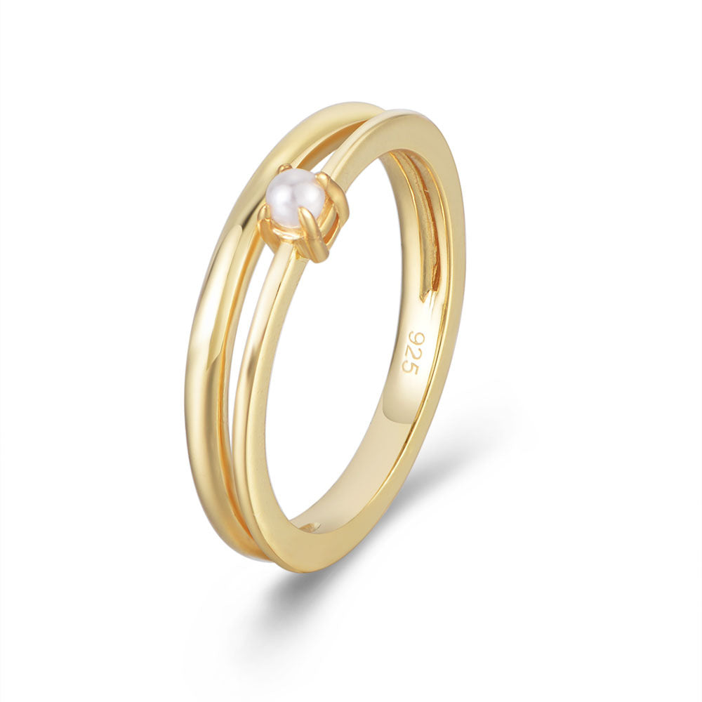 925 Sterling Silver Double Layer Pearl Ring, Minimalist Open Band