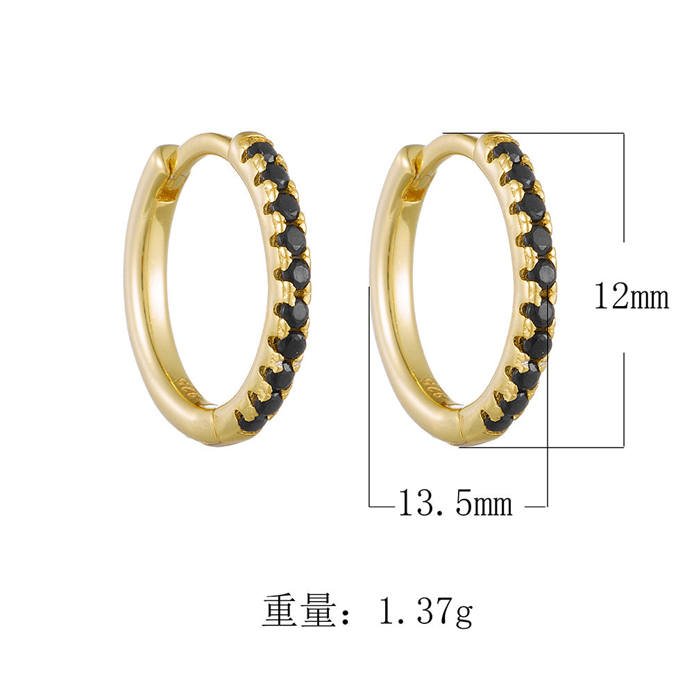 925 Sterling Silver Micro-Pave Black Zirconia Round Hoop Earrings, Minimalist Geometric Jewelry