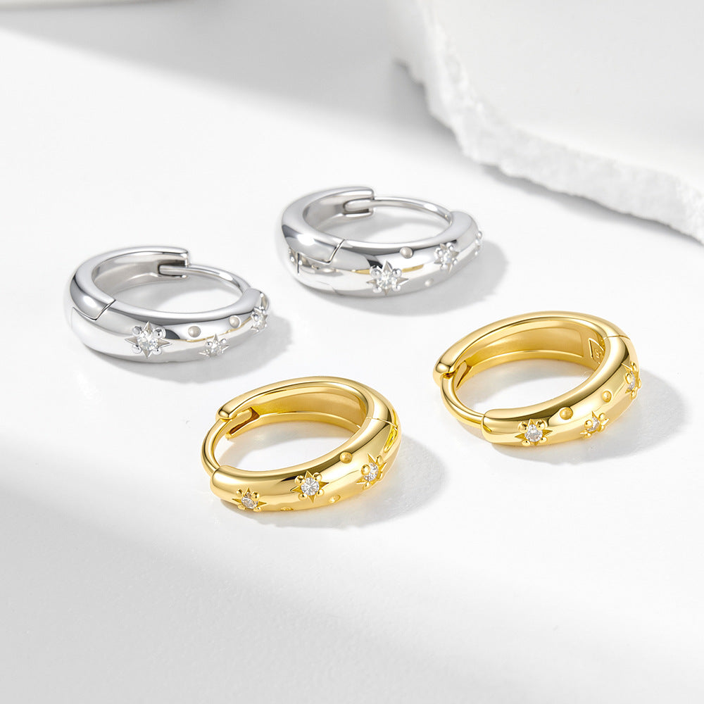 925 Sterling Silver Wide Band Metallic Hoop Earrings, Minimalist Pave Zirconia Light Luxury Jewelry