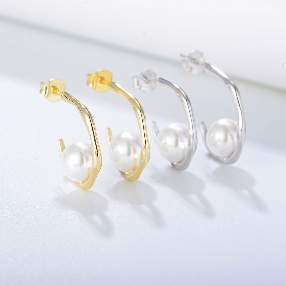 925 Sterling Silver Geometric C-Shape Shell Pearl Stud Earrings, Minimalist Jewelry