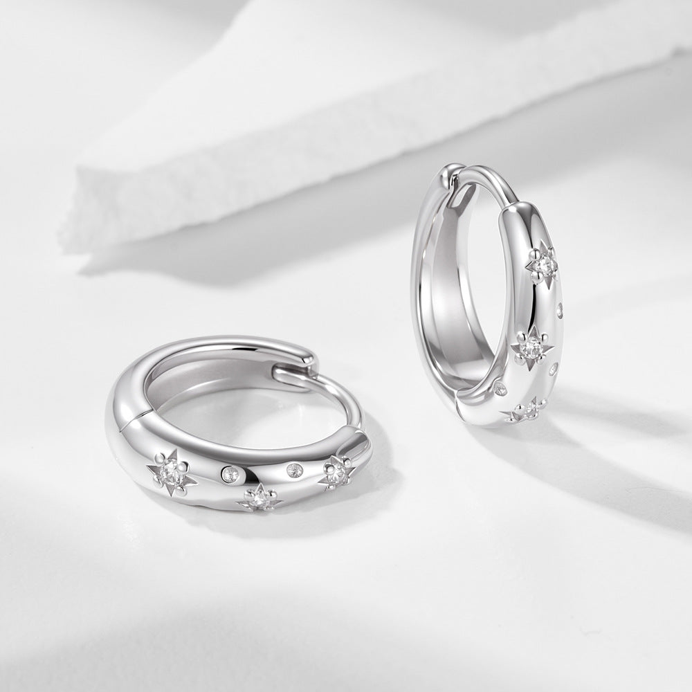 925 Sterling Silver Wide Band Metallic Hoop Earrings, Minimalist Pave Zirconia Light Luxury Jewelry