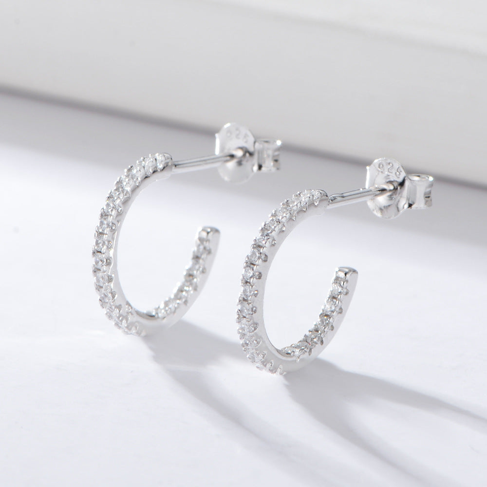S925 Silver Rainbow C-Shape Earrings, Micro-Pave Zirconia Half Hoops for Women