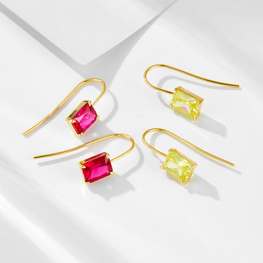 925 Sterling Silver Colorful Square Zirconia Drop Earrings, High-End Light Luxury Classic Jewelry