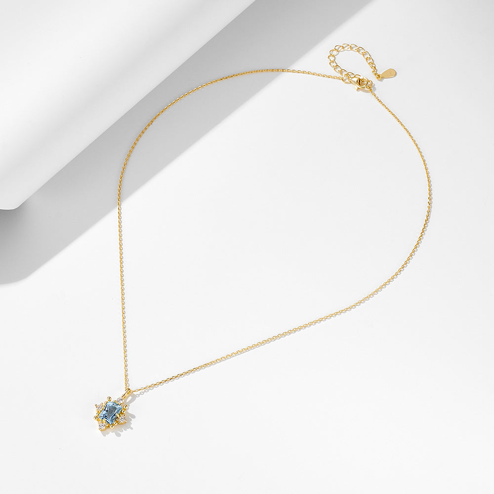 925 Sterling Silver Natural Sky Blue Topaz Necklace, Vintage Light Luxury Design Jewelry