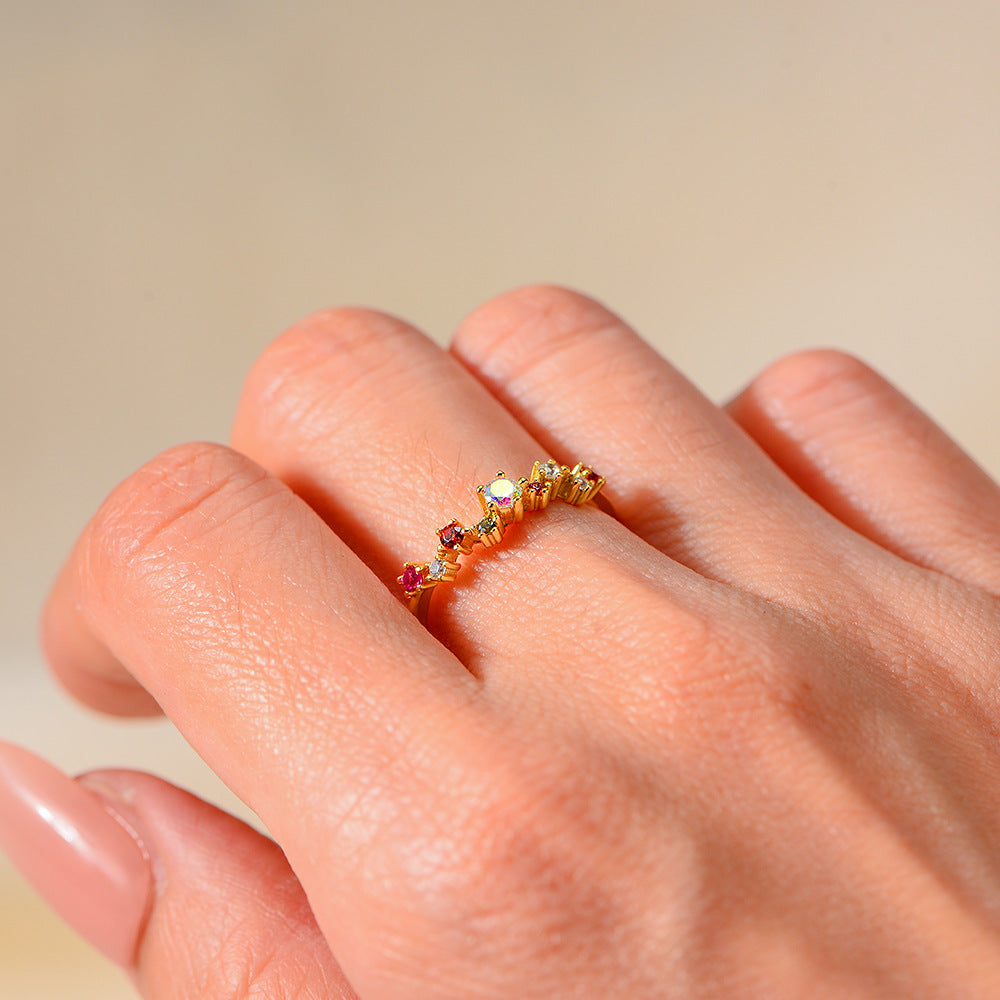 925 Sterling Silver Colorful Zirconia Open Ring, Light Luxury Romantic Ins Style Adjustable Jewelry