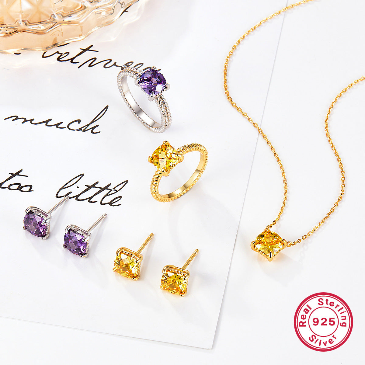 S925 Multicolor Zircon Set | Square Earrings, Ring & Necklace