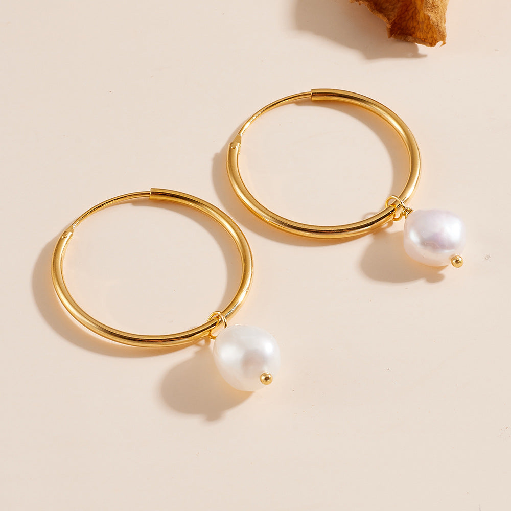 925 Sterling Silver Natural Freshwater Pearl Hoop Earrings, Minimalist High-End Vintage Jewelry