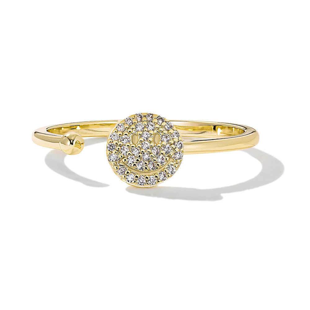 S925 Silver Modern Sparkling Smiley Ring - Adjustable High-End Aesthetic Band
