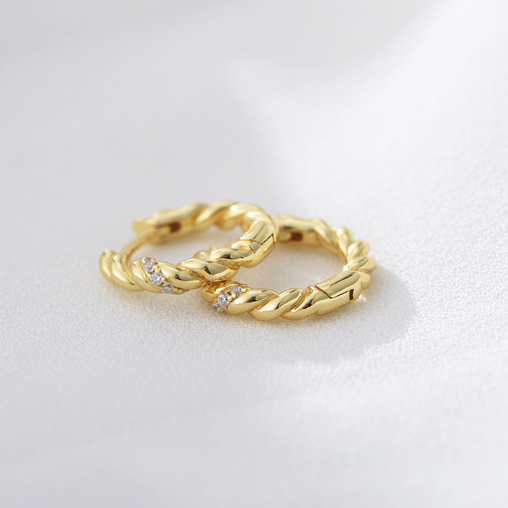925 Sterling Silver Twisted Rope Hoop Earrings, Gold Plated Zirconia Huggie Hoops, Minimalist Geometric Ear Buckles, Hypoallergenic Jewelry for Women
