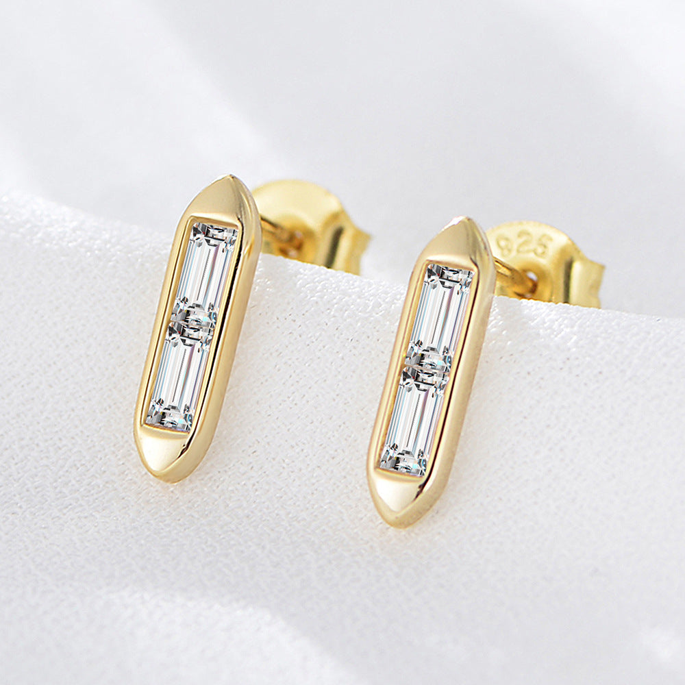 925 Sterling Silver Geometric Bar Stud Earrings, Sparkling Zirconia Jewelry