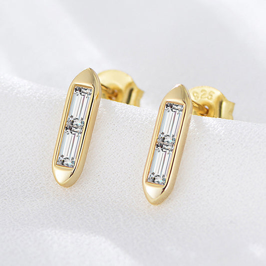 925 Sterling Silver Geometric Bar Stud Earrings, Sparkling Zirconia Jewelry