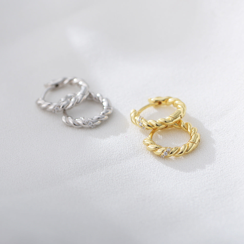925 Sterling Silver Twisted Rope Hoop Earrings, Gold Plated Zirconia Huggie Hoops, Minimalist Geometric Ear Buckles, Hypoallergenic Jewelry for Women