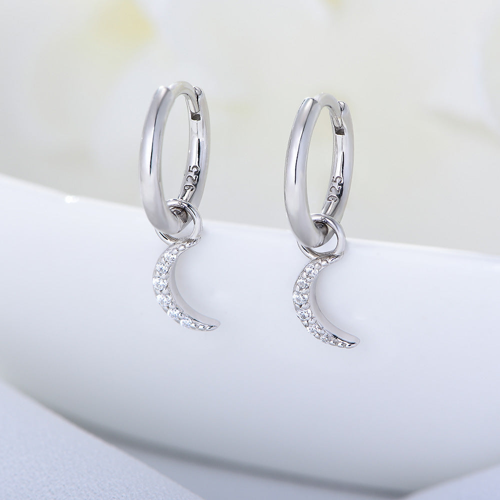 925 Sterling Silver Crescent Moon Stud Earrings, Pave Zirconia Jewelry