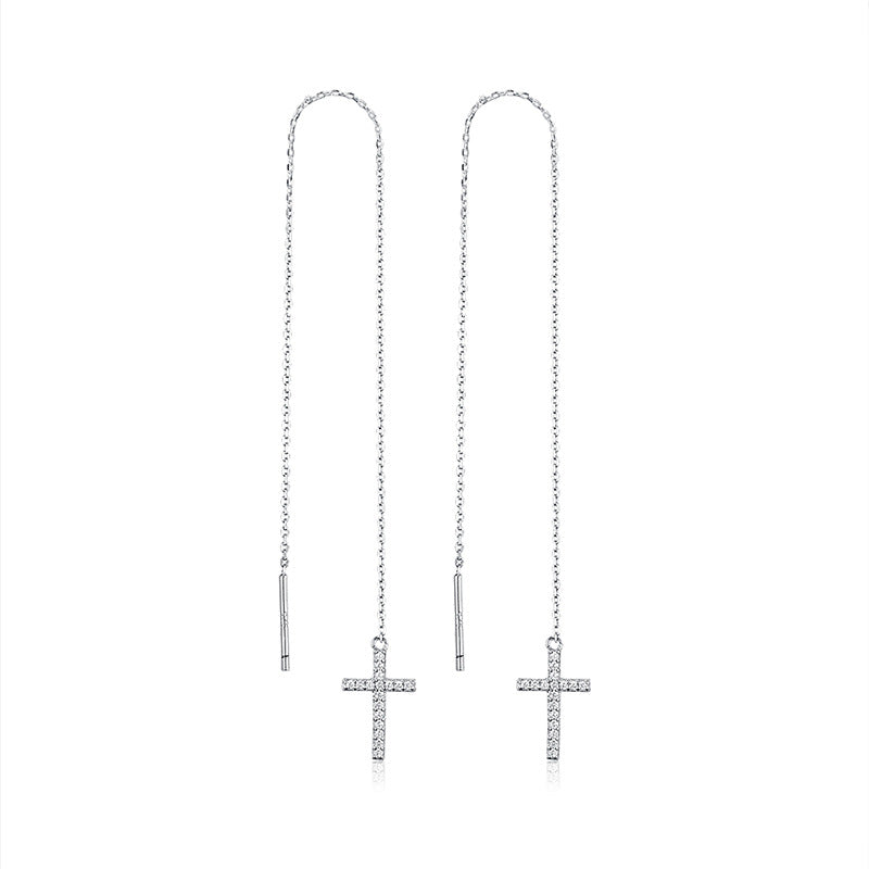 Cross Ear Threads - S925 Silver Micro Zircon Long Drop European Jewelry