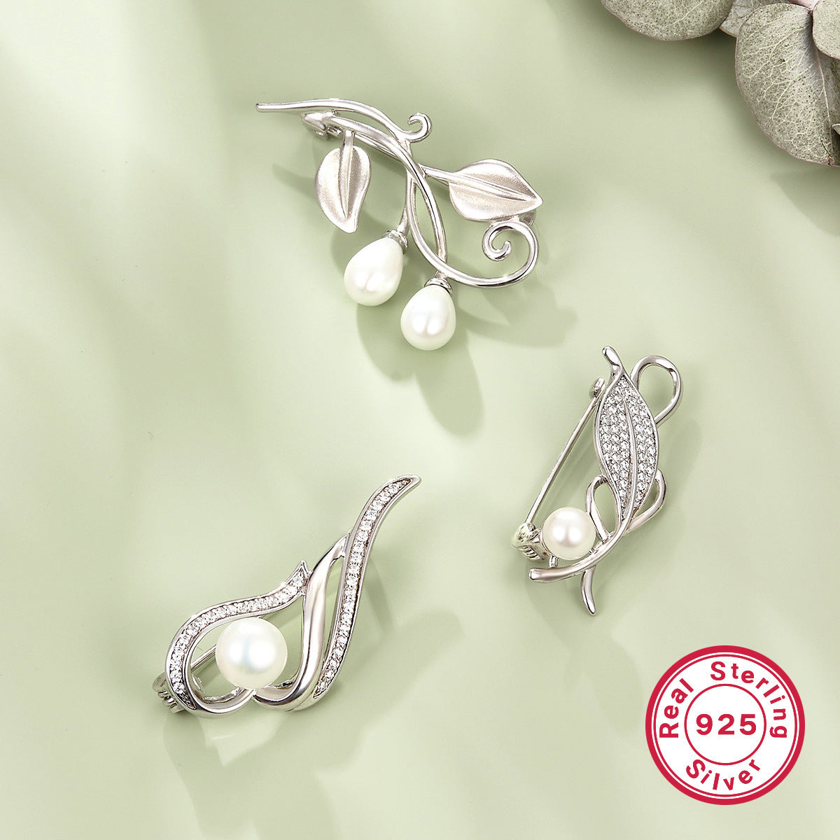 Leaf Zircon Brooch - 925 Silver Minimalist Niche Lapel Pin