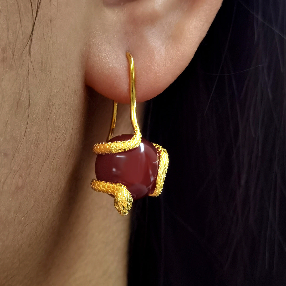 Serpentine Agate Ear Hooks - S925 Silver Retro High-End Banquet Earrings