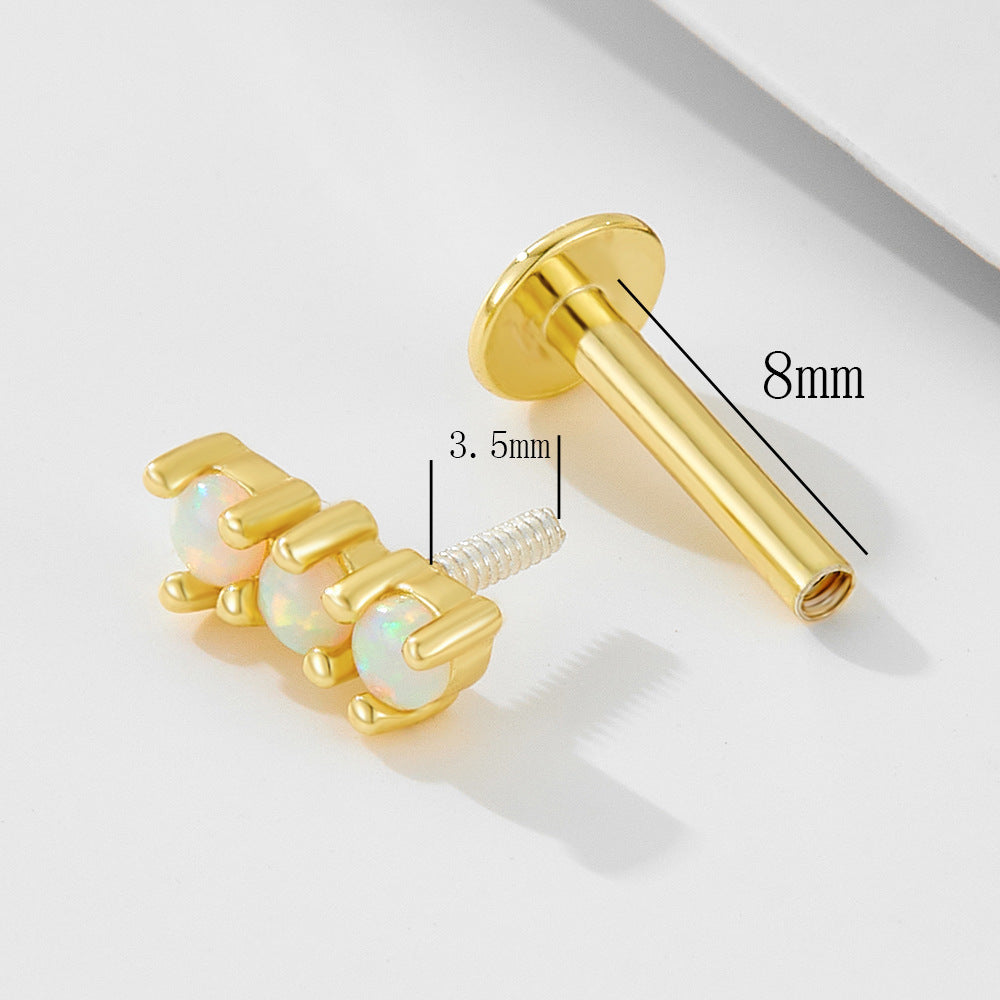 925 Sterling Silver Geometric Opal Labret Stud, Threaded Cartilage Piercing High-End Trendy Jewelry