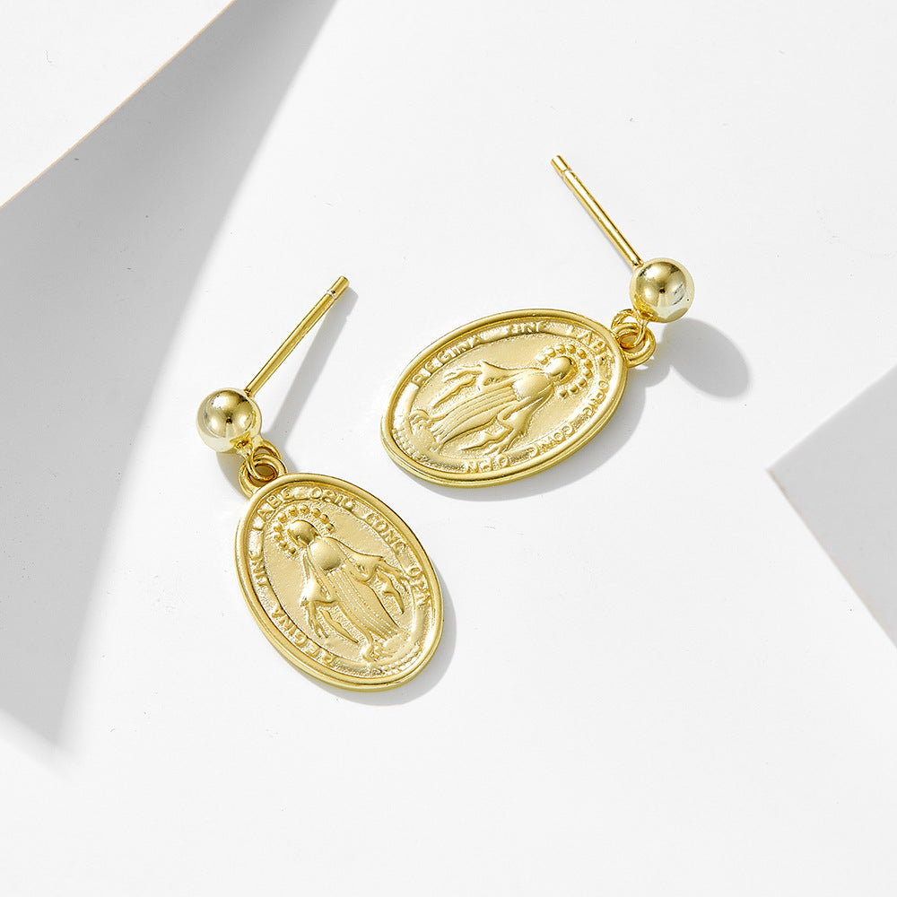 S925 Silver Retro Virgin Mary Portrait Earrings - Elegant Oval Relief Studs