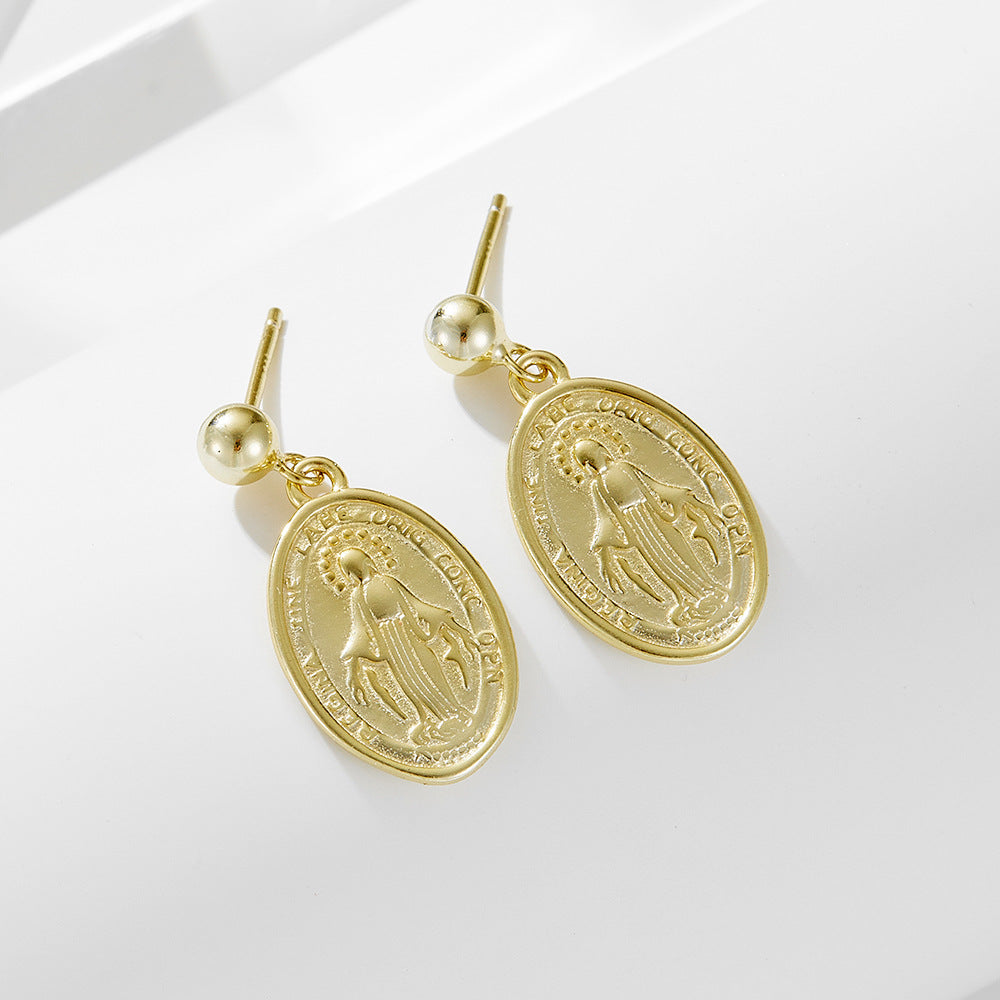 S925 Silver Retro Virgin Mary Portrait Earrings - Elegant Oval Relief Studs