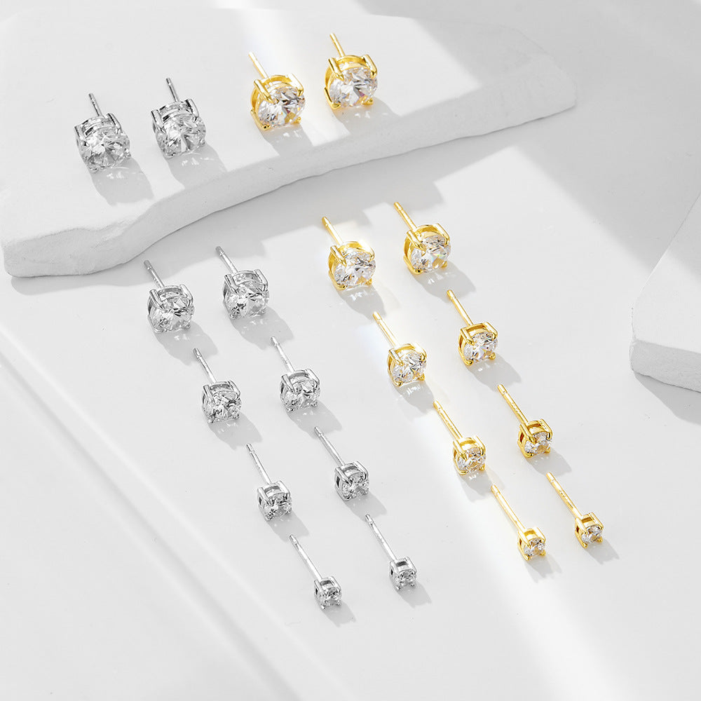 925 Sterling Silver Classic 4-Prong Round Zirconia Stud Earrings, Minimalist Daily Solitaire Jewelry