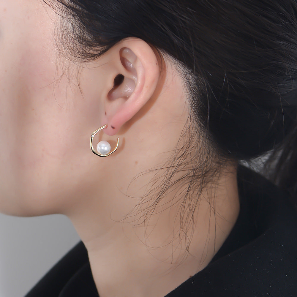 925 Sterling Silver Geometric C-Shape Shell Pearl Stud Earrings, Minimalist Jewelry