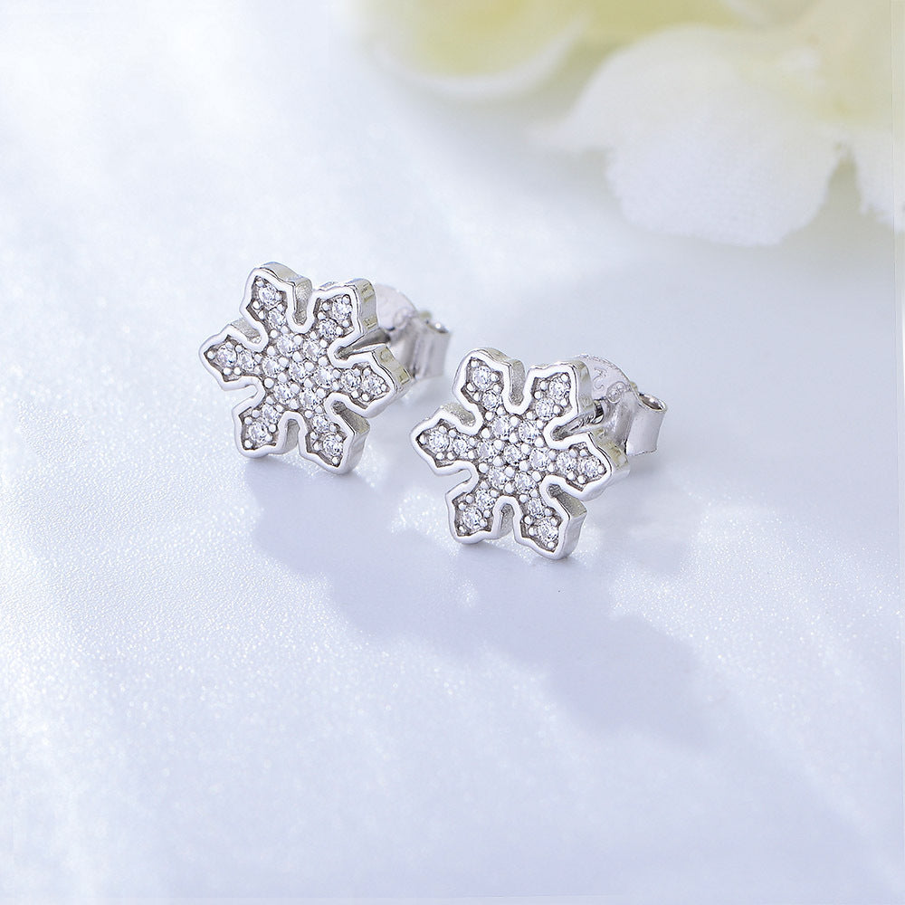 925 Sterling Silver Snowflake Zirconia Stud Earrings, Minimalist Winter Jewelry