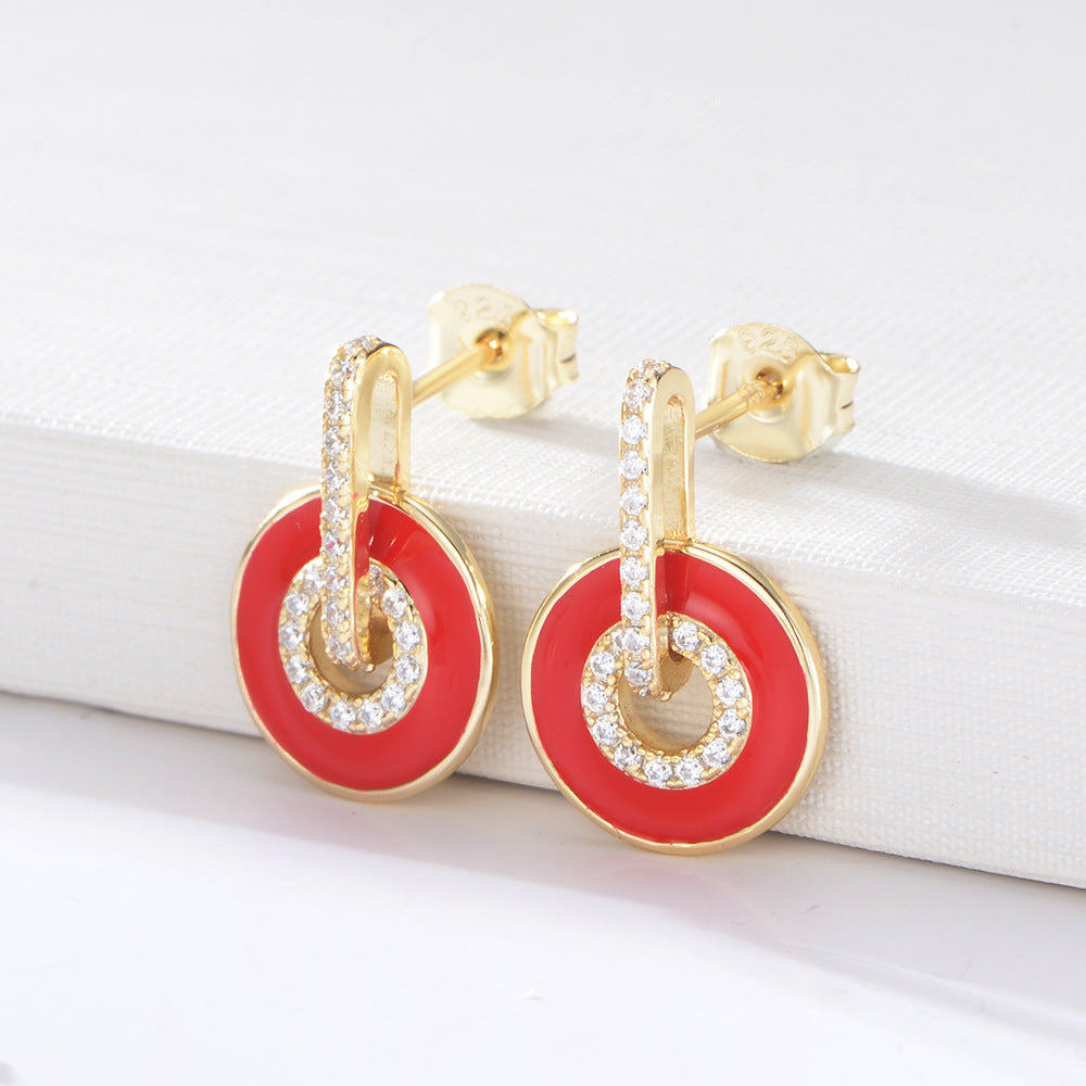 925 Sterling Silver Enamel Hoop Earrings, Pave Zirconia Geometric Studs