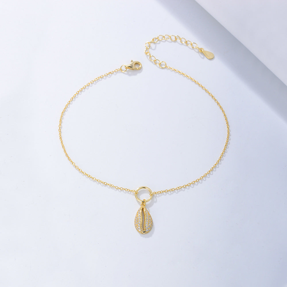 925 Sterling Silver Geometric Shell Pave Zirconia Anklet, Minimalist High-End Beach Jewelry