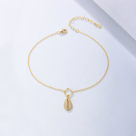 925 Sterling Silver Geometric Shell Pave Zirconia Anklet, Minimalist High-End Beach Jewelry