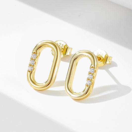 925 Sterling Silver U-Shape Hoop Earrings, Rectangular Zirconia Studs for Women, Minimalist Geometric Oval Ear Buckles