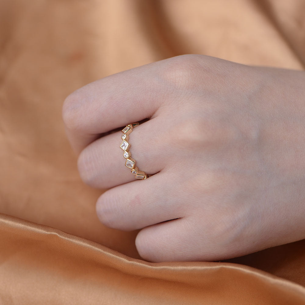 Sterling Silver Sparkling Geometric Rhombus Eternity Ring for Women, Elegant Versatile Jewelry