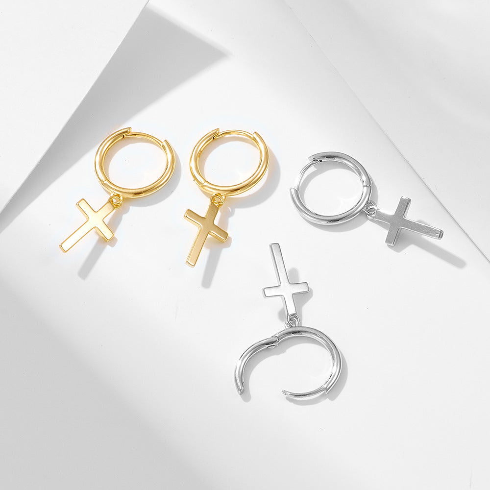 925 Sterling Silver Cross Drop Hoop Earrings, Minimalist Hip-Hop Style Jewelry