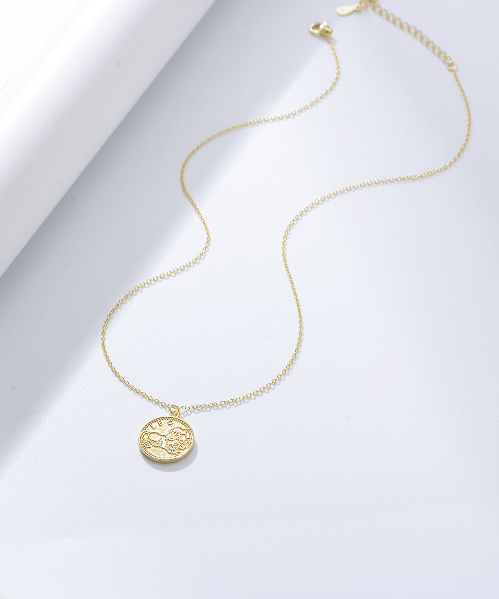 925 Sterling Silver Gold Plated 12 Zodiac Coin Necklace, Vintage Ins Style Jewelry