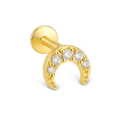 925 Sterling Silver Pave Zirconia Moon Labret Stud, Minimalist Flat Back Cartilage Piercing