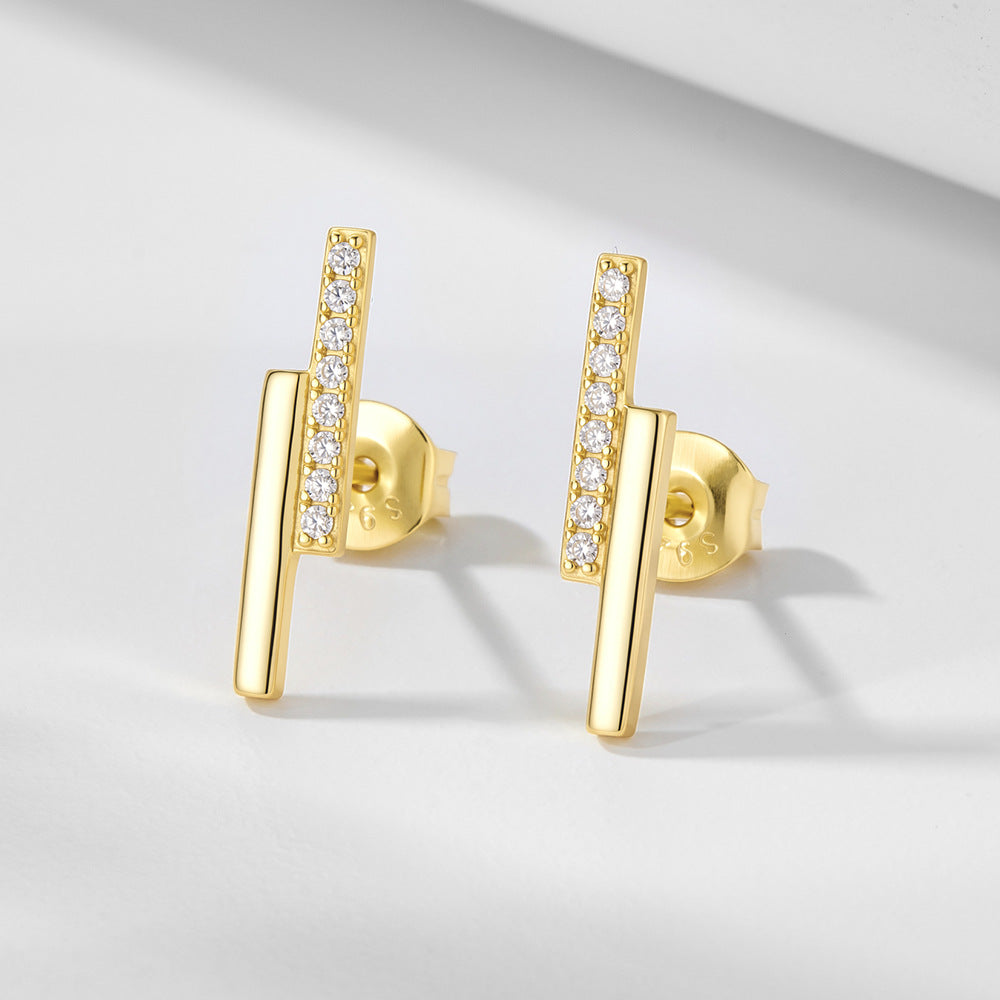 925 Sterling Silver Minimalist Double-Row Bar Stud Earrings, Geometric Line Pave Zirconia Jewelry