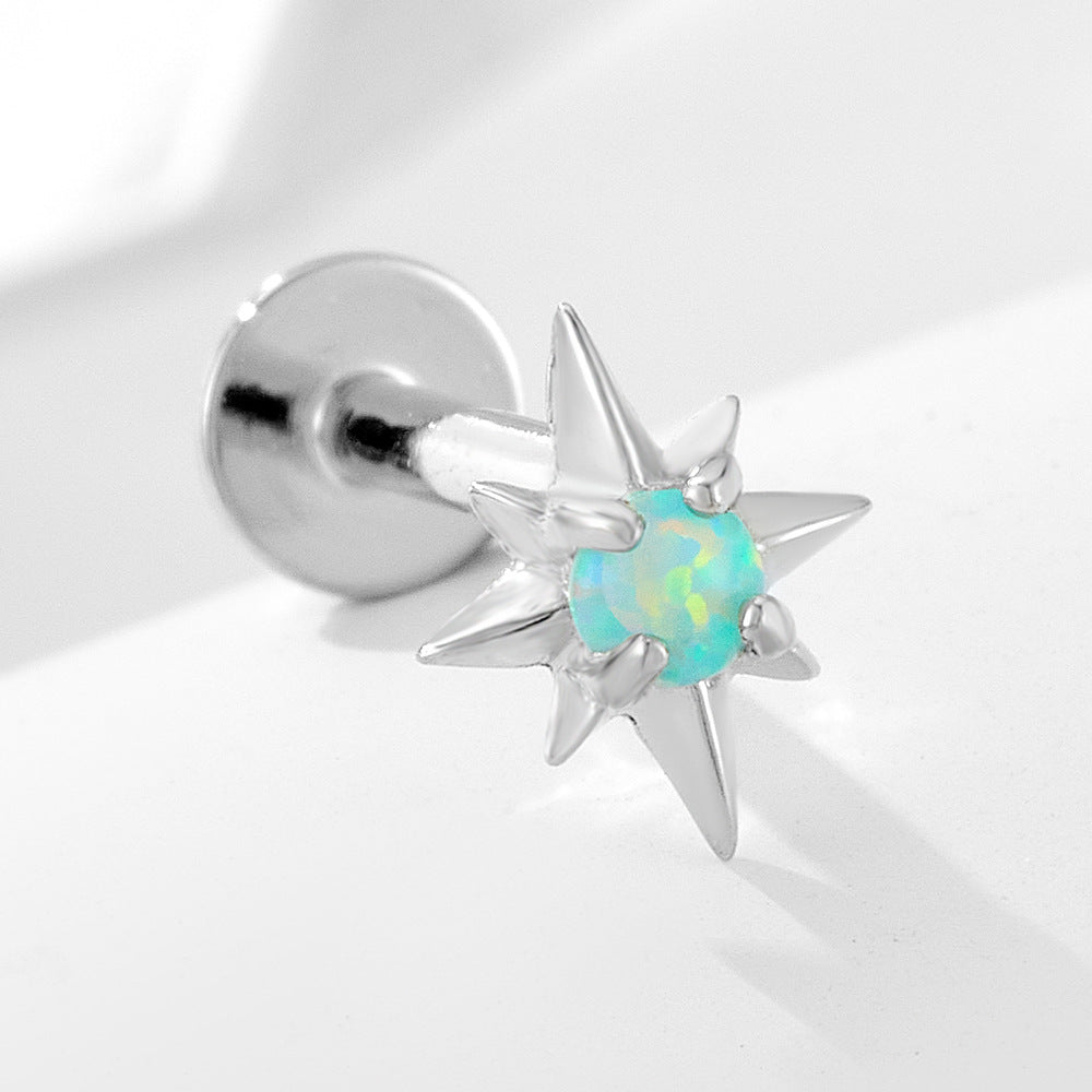925 Sterling Silver Geometric Opal Labret Stud, Threaded Cartilage Piercing High-End Trendy Jewelry
