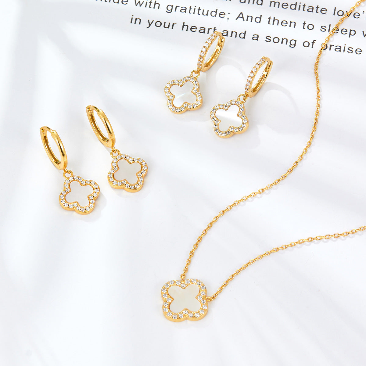 Four Leaf Clover Necklace & Earrings Set - Sterling Silver Black Agate Jewelry Gift