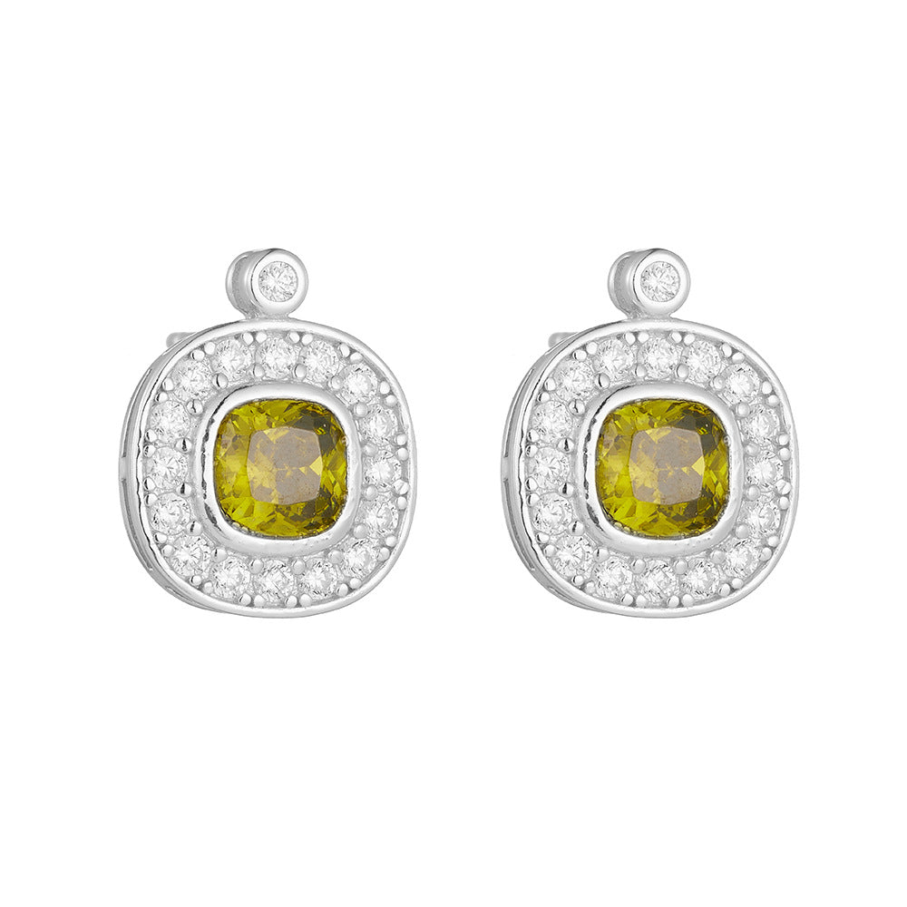 925 Sterling Silver Vintage Olive Green Zirconia Stud Earrings, Minimalist Geometric Jewelry