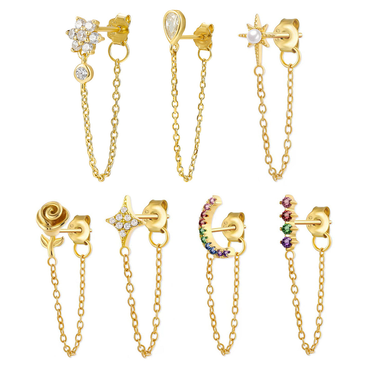 Floral Moon Star Fringe Earrings - 925 Silver Sweet Vintage Design