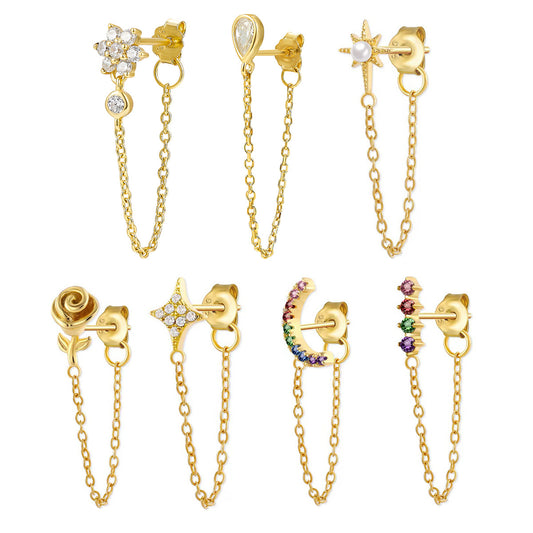 Floral Moon Star Fringe Earrings - 925 Silver Sweet Vintage Design