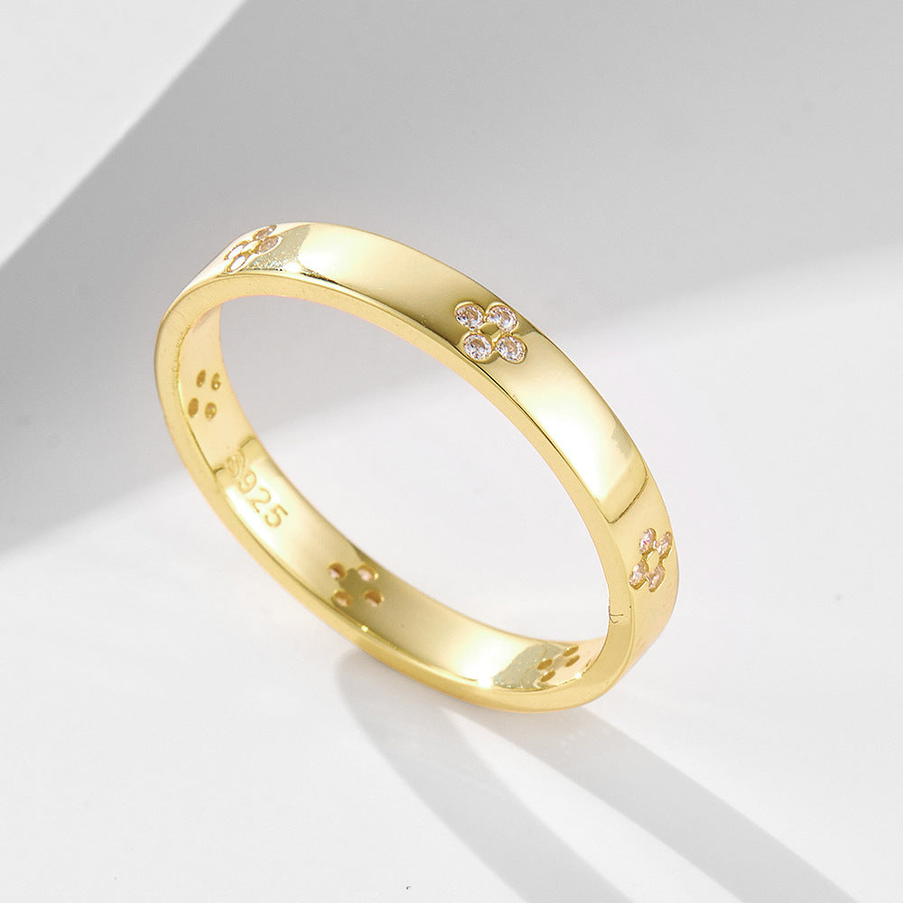 925 Sterling Silver Four-Leaf Clover Pave Zirconia Ring, Minimalist High-End Design Jewelry