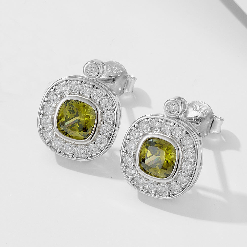 925 Sterling Silver Vintage Olive Green Zirconia Stud Earrings, Minimalist Geometric Jewelry