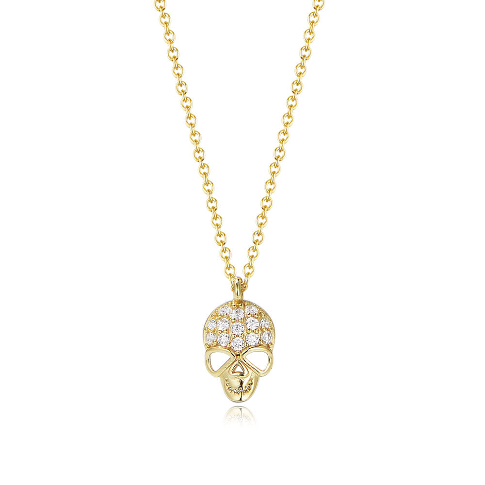 925 Sterling Silver Skull Pendant Necklace, Sparkling Zirconia Hip-Hop Jewelry