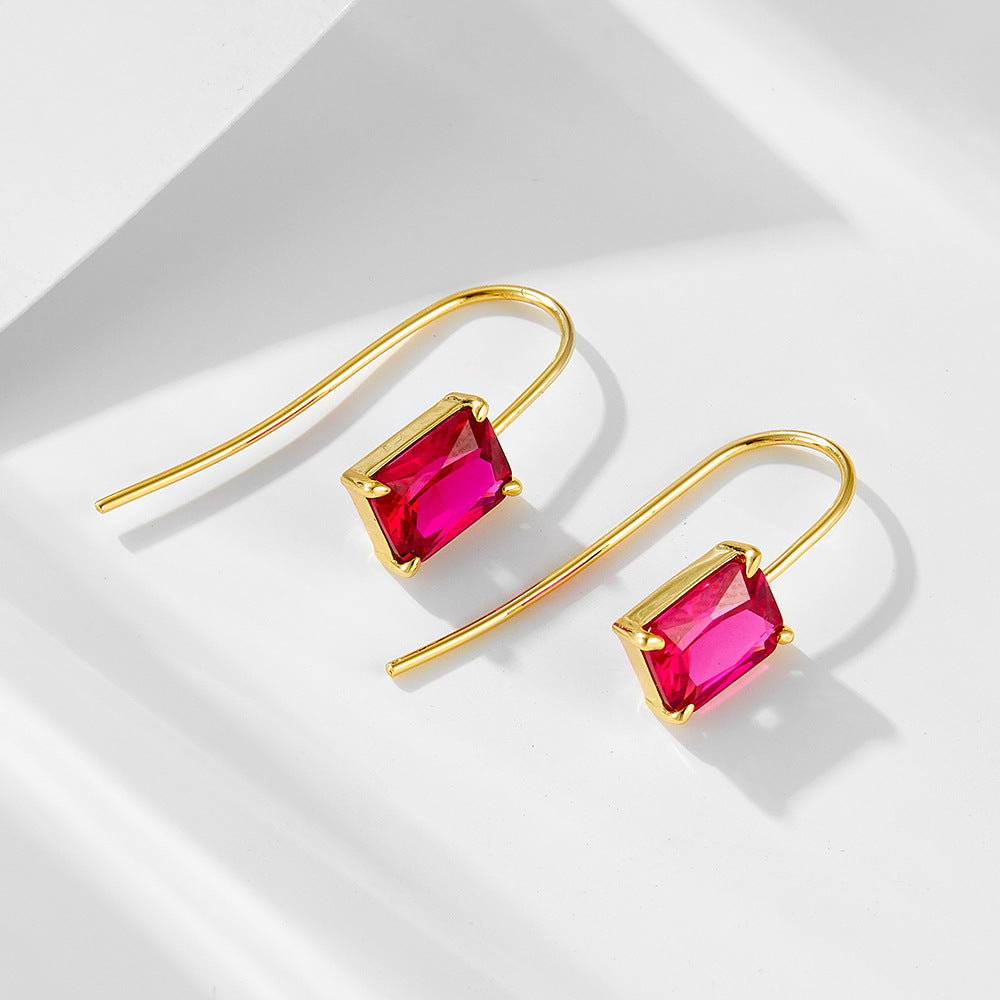 925 Sterling Silver Colorful Square Zirconia Drop Earrings, High-End Light Luxury Classic Jewelry