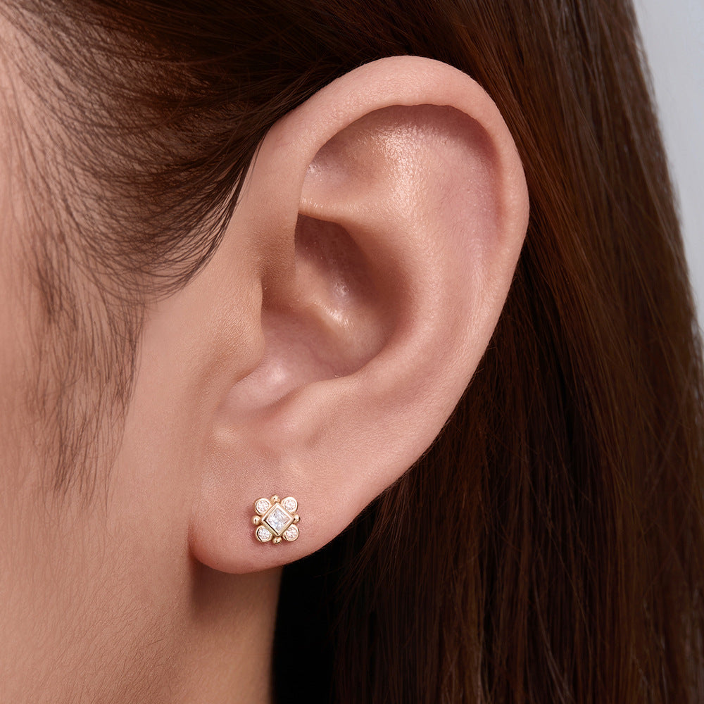 925 Sterling Silver Geometric Opal Labret Stud, Threaded Cartilage Piercing High-End Trendy Jewelry