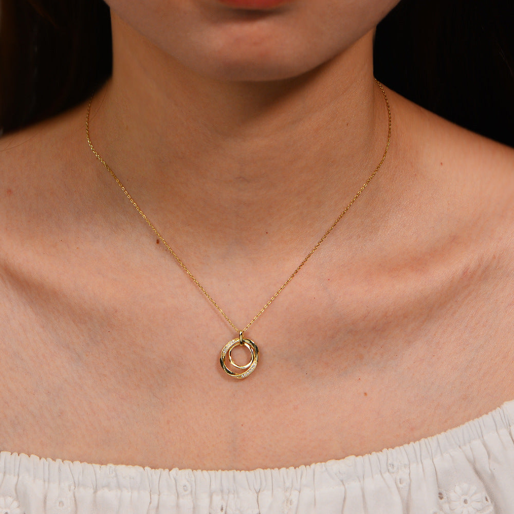 925 Sterling Silver Interlocking Double Circle Pave Zirconia Necklace, Vintage High-End Jewelry