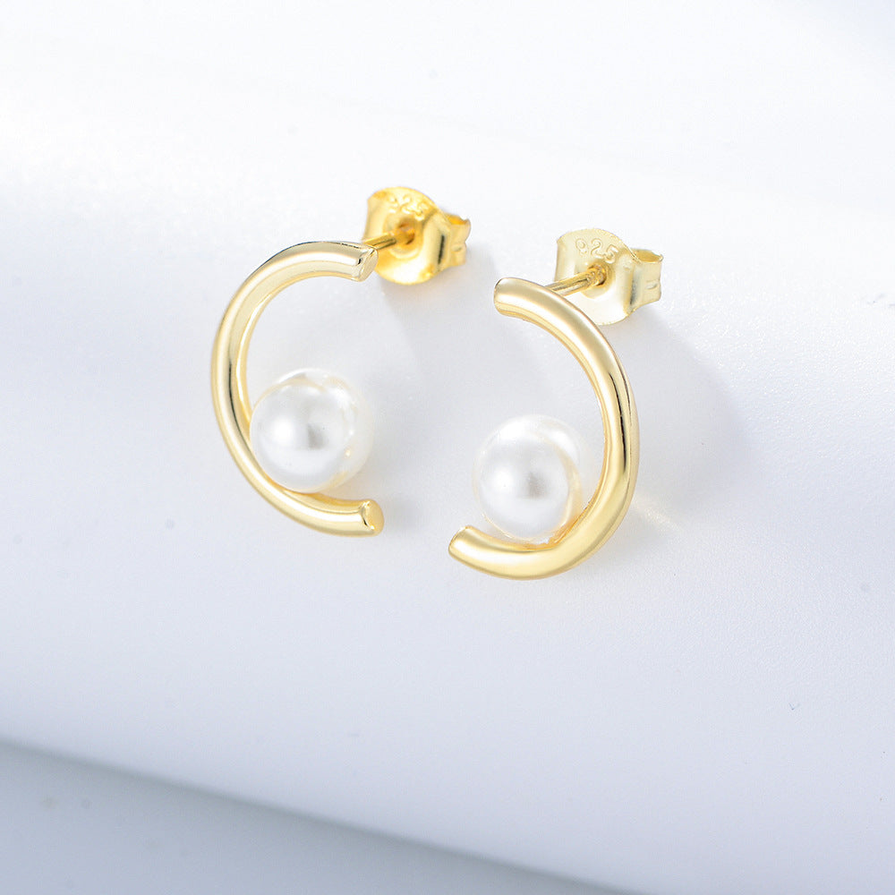 S925 Silver Modern C-Hoop Pearl Studs - Elegant Half-Circle Versatile Earrings