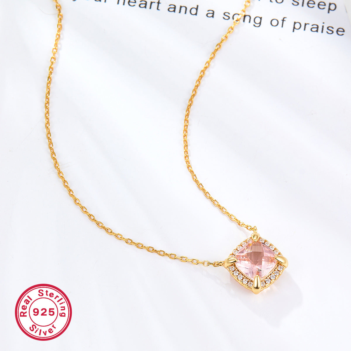 S925 Pink Square Zircon Necklace Set | Dainty Women's Jewelry