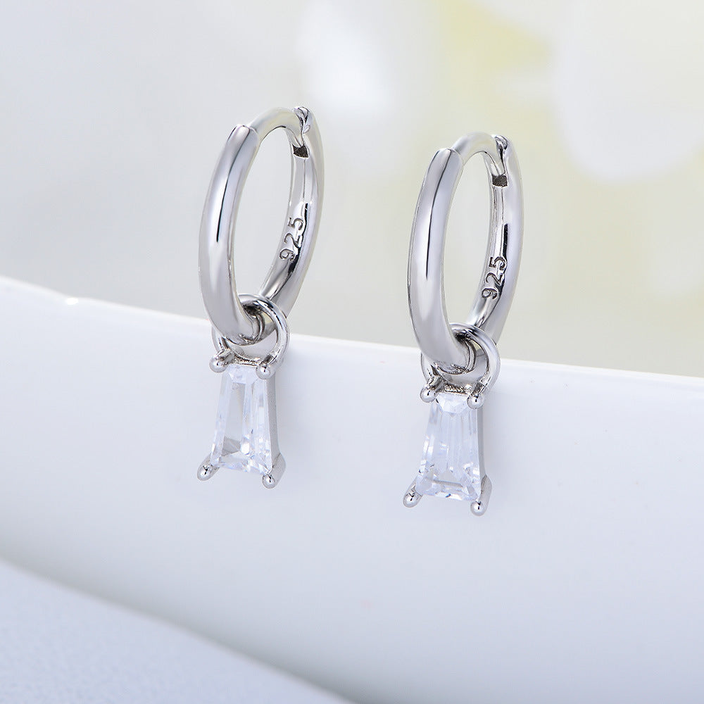 925 Sterling Silver Geometric Square Zirconia Drop Earrings, Minimalist High-End Ins Style Jewelry
