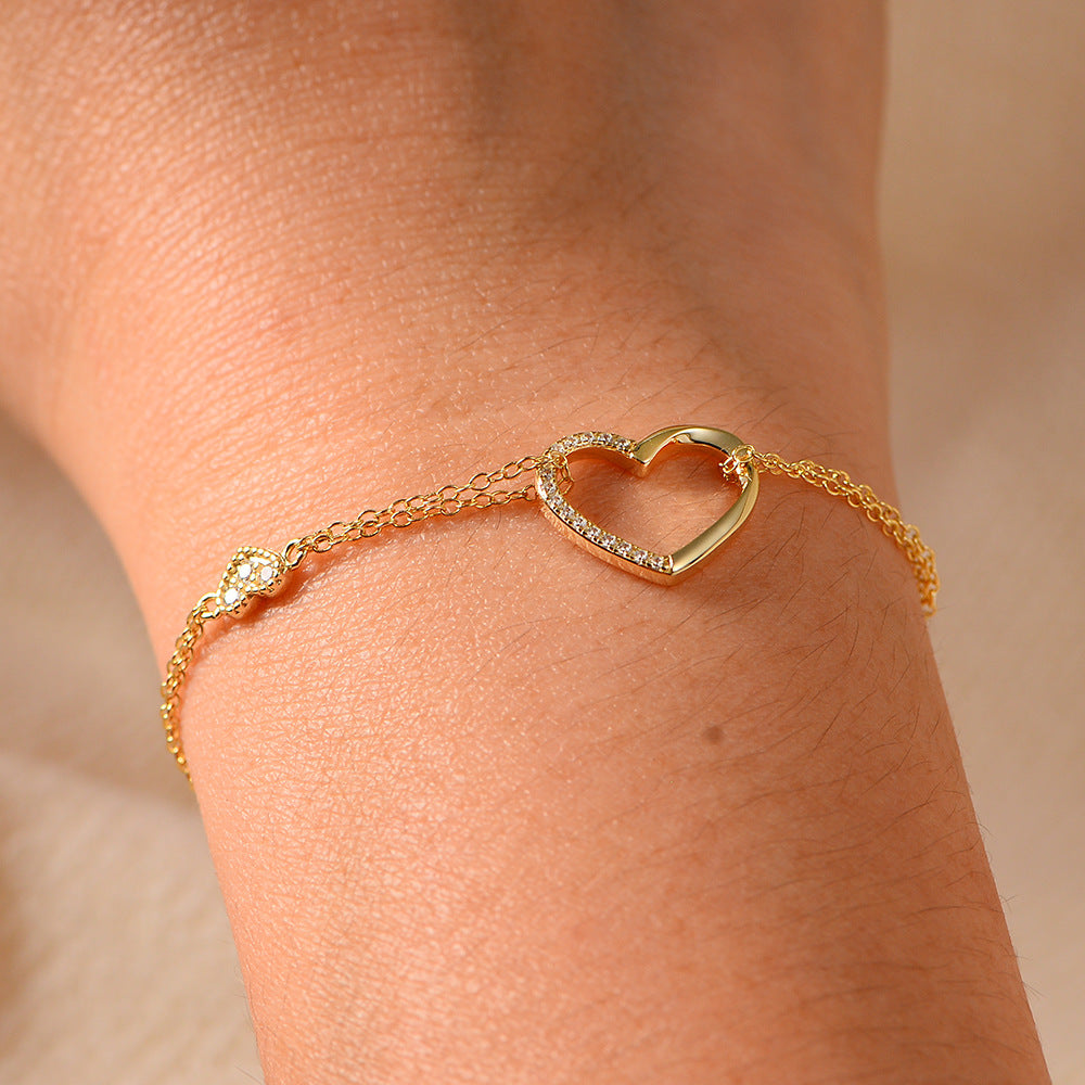 925 Sterling Silver Double-Layer Heart Link Bracelet, Sparkling Zirconia Jewelry